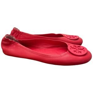 Tory Burch Minnie Travel Ballet Flat With Logo In Pink Leather Size 9.5
